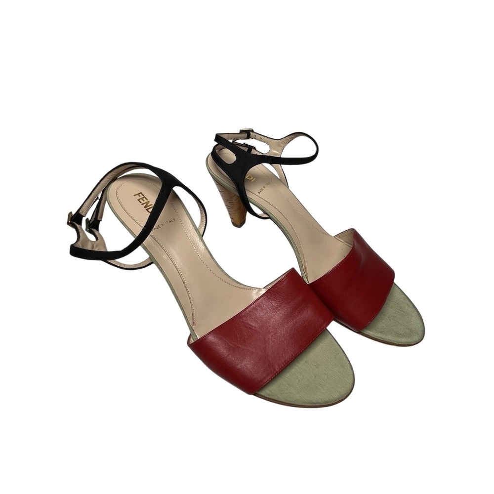 Fendi Women's‎ Italian Red Leather Strap Cork Heel Sandals Sz 39 US 9 *READ*